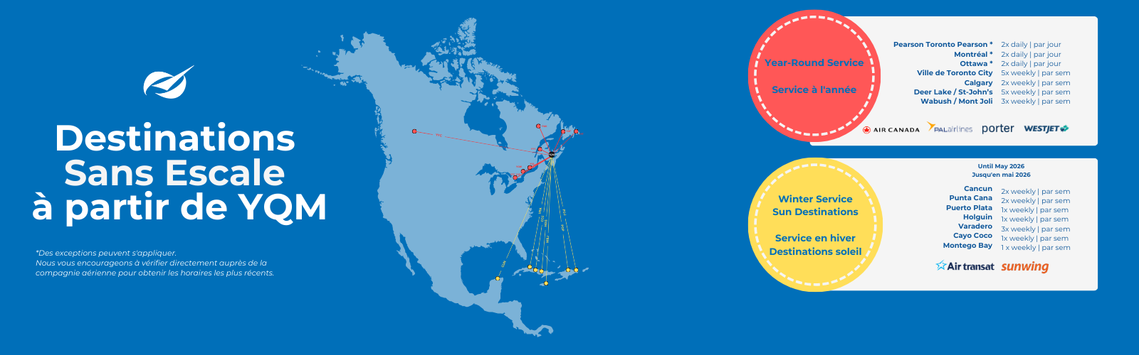Image showing a map of North America with flight routes emanating from YQM (CFB Shearwater), with a red circle listing year-round destinations and a yellow circle listing winter sun destinations; year-round destinations include Toronto, Montreal, Ottawa, Calgary, and St. John's; winter sun destinations include Cancun, Punta Cana, Puerto Plata, and Montego Bay; logos for Air Canada, PAL Airlines, Porter, WestJet, Air Transat, and Sunwing are present.