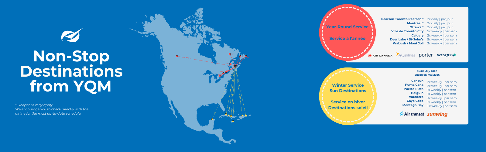 Image showing a map of North America with flight routes emanating from YQM (CFB Shearwater), with a red circle listing year-round destinations and a yellow circle listing winter sun destinations; year-round destinations include Toronto, Montreal, Ottawa, Calgary, and St. John's; winter sun destinations include Cancun, Punta Cana, Puerto Plata, and Montego Bay; logos for Air Canada, PAL Airlines, Porter, WestJet, Air Transat, and Sunwing are present.