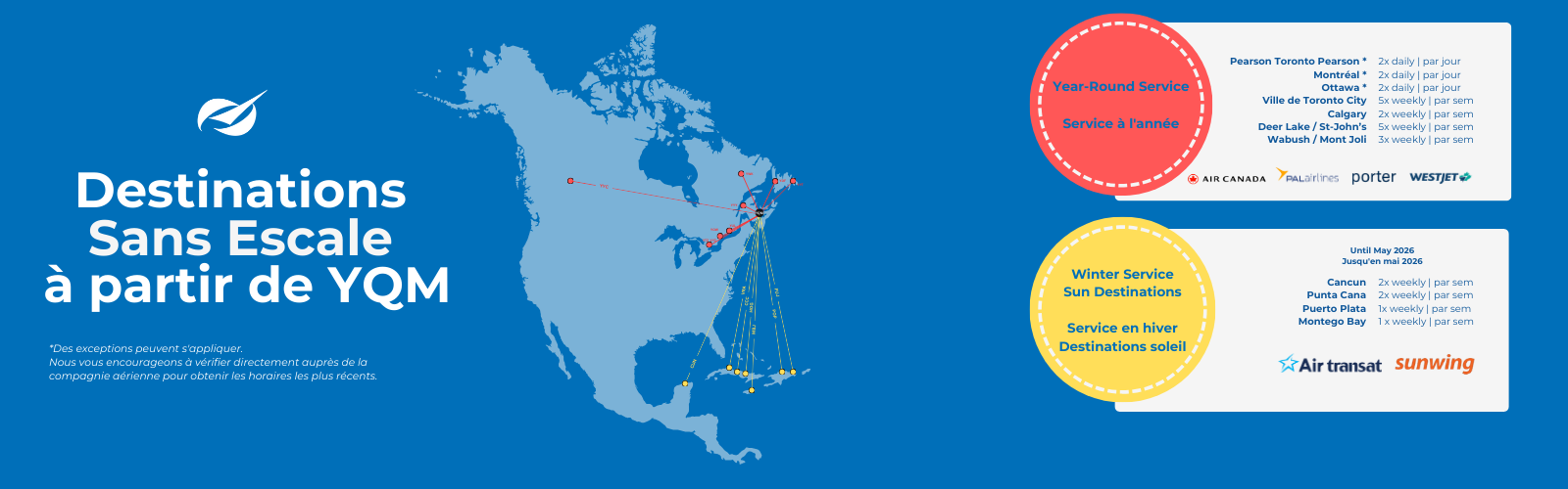 Map showing non-stop flight destinations from YQM (Moncton, Canada), highlighting both year-round and winter sun destinations. Year-round routes are primarily within Canada, serviced by Air Canada, PAL Airlines, Porter, and WestJet. Winter sun destinations, available until May 2026, include Cancun, Punta Cana, Puerto Plata, and Montego Bay, serviced by Air Transat and Sunwing.